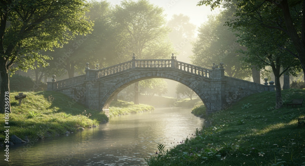 Obraz premium Old stone arched bridge spans a calm river within a sunlit, misty woodland setting
