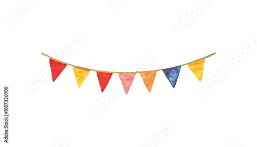 A cheerful hand-painted watercolor illustration of a festive bunting garland with colorful triangular flags, a playful decoration for a birthday celebration