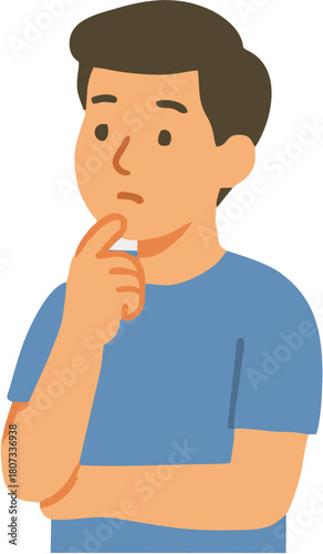 Pensive young man touching his chin, looking confused and thinking about a problem. Illustration representing the concept of doubt and decision-making