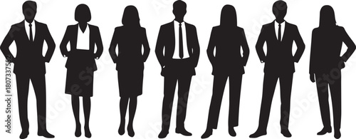 Diverse silhouette group of business professionals stand confidently in a row against a transparent backdrop