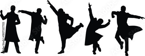 Dynamic dancing silhouette figures performing expressive poses, energetic movement illustration, creative choreography concept, artistic dance performance representation