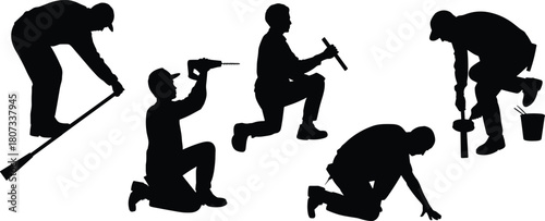 Silhouette construction workers using tools, laborers kneeling and bending, manual work illustration, skilled trade actions, professional craftsmanship concept
