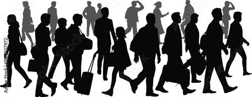 Silhouette crowd of people walking, diverse commuters in motion, urban pedestrian illustration, city travel scene, busy movement concept