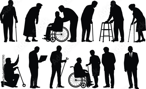 Silhouette elderly people walking with canes and wheelchairs, caregiver assistance illustration, disability support concept, senior mobility depiction