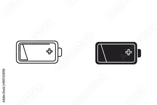 Illustration of a battery with a plus sign, presented in both a line drawing and a solid black silhouette isolated on