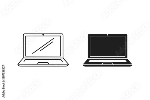 Illustration of a laptop, presented in both a line drawing and a solid black silhouette isolated on