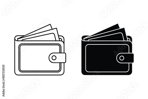 Illustration of a wallet, presented in both a line drawing and a solid black silhouette isolated on