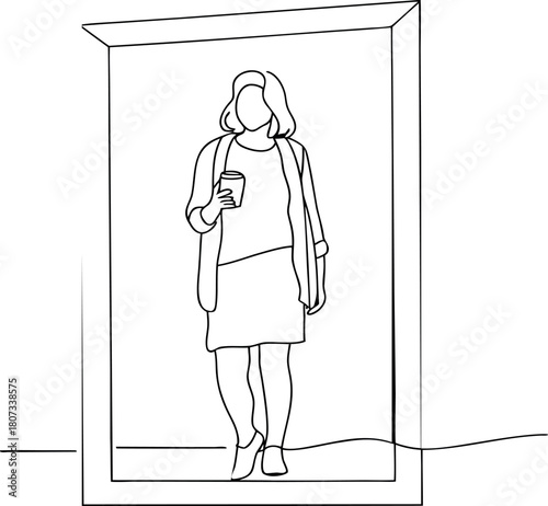 Woman in bus stop drinking coffee outline