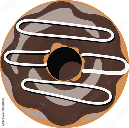 Chocolate frosted donut with white icing stripes and a black hole doughnut frosting