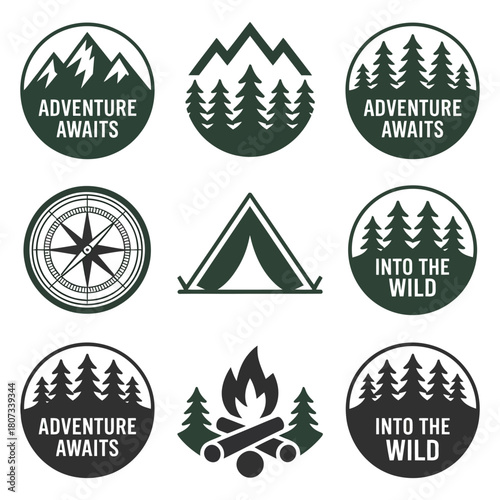 Adventure awaits vector icons isolated on white background for camping