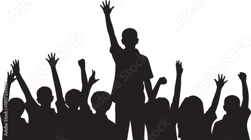 Silhouette crowd with raised hands cheering or celebrating people