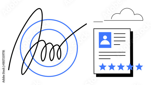 Digital signature with profile document, star rating, and cloud storage. Ideal for digital identity, data authentication, online security, e-signature, customer reviews, cloud services and document