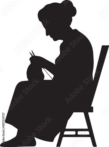 Silhouette of a woman sitting on a chair knitting with yarn and needles vector