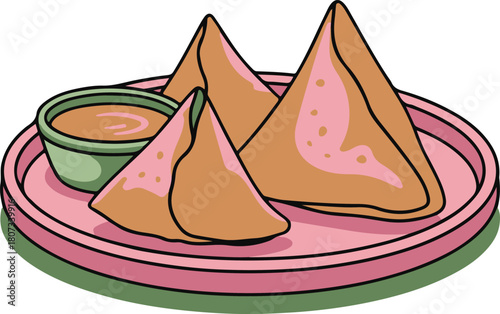 Three triangular samosas with dipping sauce on a pink and green plate food indian food