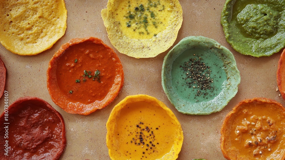 Obraz premium Colorful Ethiopian Injera Dishes with Savory Stews Served Closeup