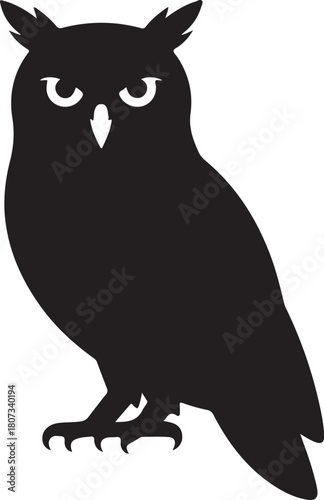 Black silhouette of an owl with white eyes and beak on a white background bird