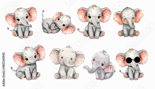 Adorable watercolor baby elephant illustrations set, showcasing cute little pachyderms in diverse playful poses, perfect for children's designs, nursery decor, and cheerful themes