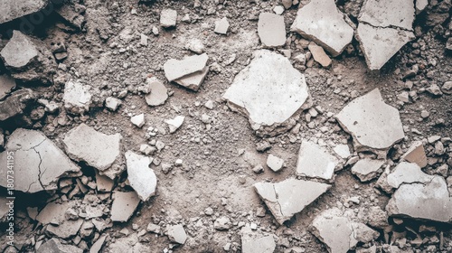 Cracked concrete fragments and debris littering a patch of ground with a rough texture