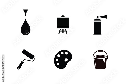 Art supplies icons featuring paint roller easel palette and spray can