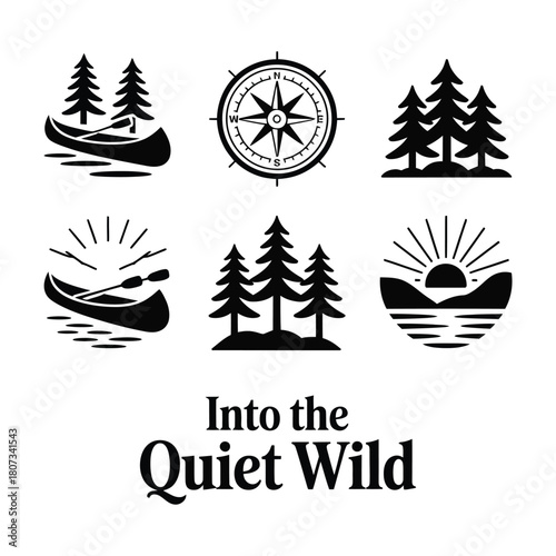 Into the quiet wild vector icons isolated on white background for camping