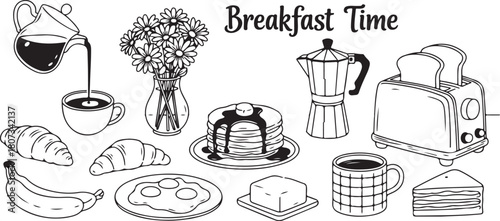Fresh breakfast items, including pancakes, croissants, coffee, and toast are displayed on a white background