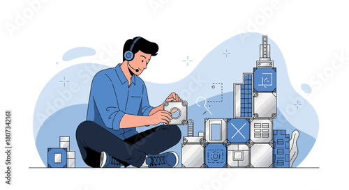 Illustration of a focused software developer building digital infrastructure with modular components