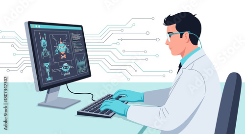 Illustration of a scientist programming robots, showcasing technology and innovation in robotics
