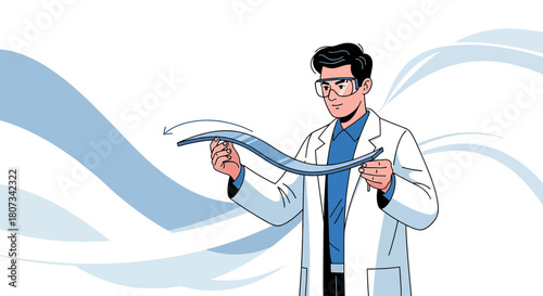 Illustration of a scientist inspecting a flexible material in a laboratory setting showing