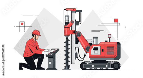 Illustration of a technician operating a drilling machine with advanced technological equipment