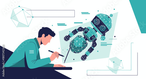 Illustration of an engineer designing a futuristic robot with polygonal design elements showing