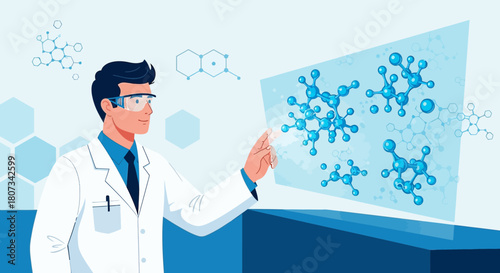 Illustration of scientist analyzing complex molecular structures in a futuristic laboratory