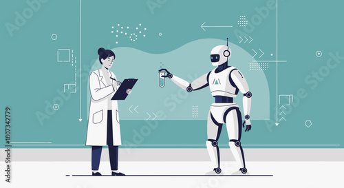 Illustrative collaboration of a female scientist and robot in laboratory research and development