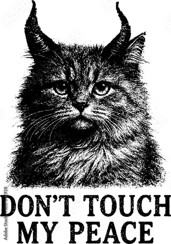 Mystic Horned Cat – Don't Touch My Peace, Vintage Engraved Illustration, Horned Cat Guarding Heart – vector Vintage Engraving Illustration
