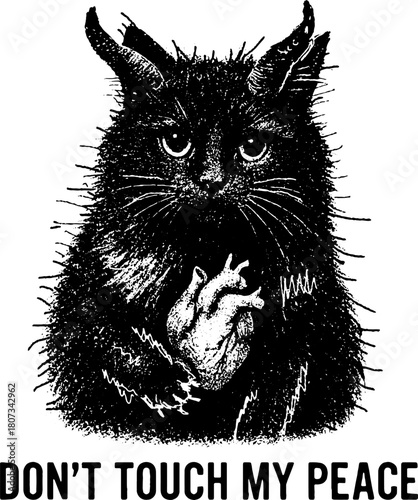 Mystic Horned Cat – Don't Touch My Peace, Vintage Engraved Illustration, Horned Cat Guarding Heart – vector Vintage Engraving Illustration