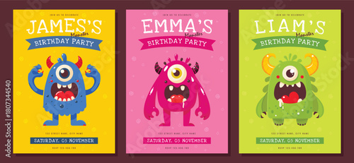 Colorful Monster Kids Birthday Party Invitation Set Collection.
