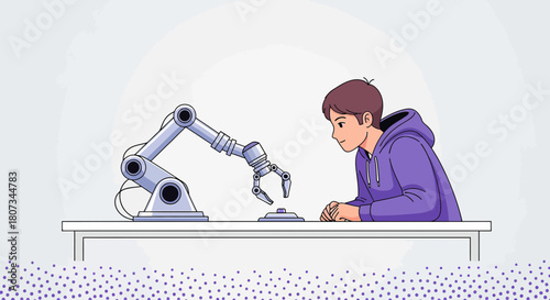 Innovative technology presentation showcasing robotic arm with interaction from an enthusiastic