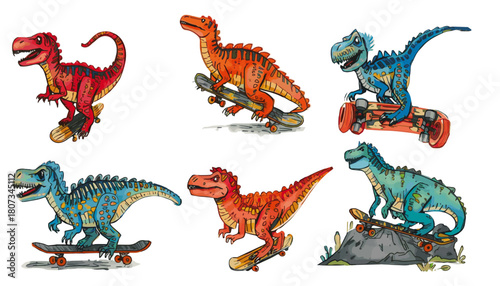 Skateboarding Dinosaurs A Collection of Playful and Colorful Illustrations for Fun Designs