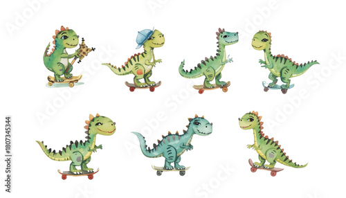 A charming set of cute green historic animal dinosaurs skateboarding. Watercolor illustration of prehistoric reptiles having fun