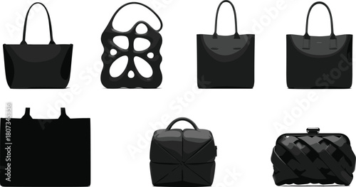Set of Eight Luxury Handbag Silhouettes, Featuring Tote, Abstract, and Woven Clutch Styles, High-End Fashion Accessories, Isolated Black Vector Icons.