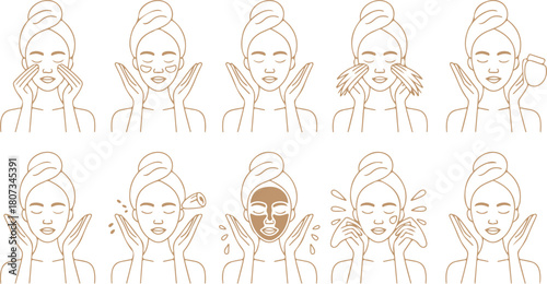 Line art depicts an ethnic woman performing skincare routines with a towel on her head