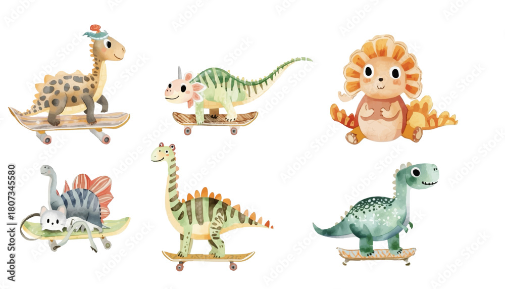 Obraz premium Cute Dinosaurs on Skateboards Watercolor Illustration for Kids