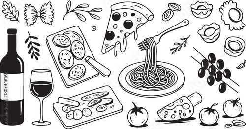 Line work shows wine, pasta, cheese, tomatoes, olive, and pizza on transparent backdrop