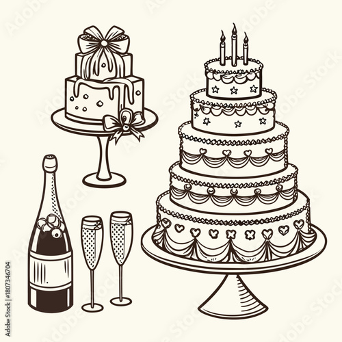 Set of various holiday cakes, candles, champagne pyramid and bows. Vector hand drawn elegant illustration in vintage sketch style. ClipArt's for birthday, wedding, valentines designs