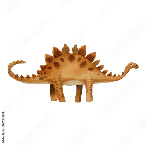 Charming watercolor illustration of a friendly prehistoric Stegosaurus dinosaur, featuring its distinctive back plates and spiked tail, perfect for children's designs and educational materials