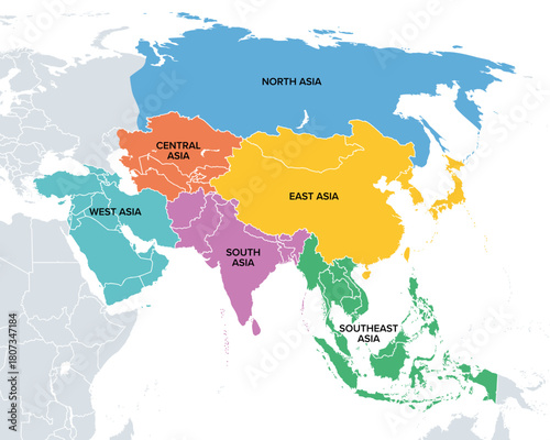 Subregions of Asia, political map. Main regions of continent Asia. North, Central, East, West, South, and Southeast Asia. Ural Mountains and River are the informal boundaries between Asia and Europe.