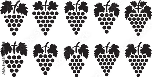 Collection of Black Silhouette Grapes with Leaves in Various Arrangements Keywords: grapes, fruit, food, wine, vineyard, harvest, silhouette, black and white, icon, graphic, illustration, design