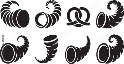 Collection of Black Cornucopia and Pretzel Icons on White Background Keywords: cornucopia, horn of plenty, abundance, bounty, harvest, pretzel, food, bakery, celebration, Thanksgiving, autumn