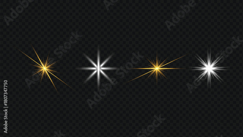 Four sparkling golden and white light effects, lens flare set.