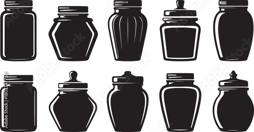 Ten Black Silhouette Icons of Various Jars and Bottles with Lids Keywords: jar, bottle, container, vessel, storage, lid, cap, glass, plastic, screw top, baby bottle, milk bottle, jam jar, preserve