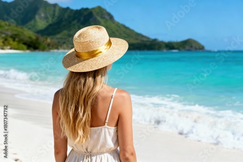 Rear view of a young blonde woman wearing a white dress and straw hat, standing on a tropical beach and looking at the turquoise sea. Lush green mountains and clear blue sky in the background.